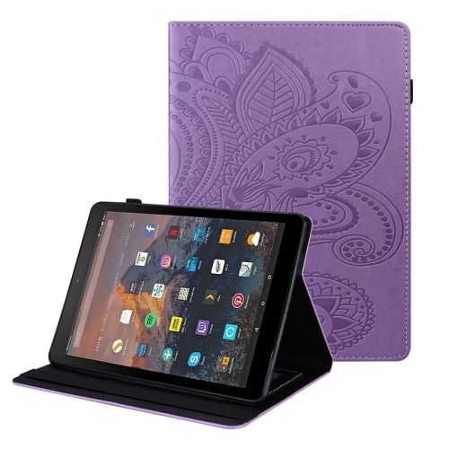 

For Amazon Kindle Fire HD10 2019/2017/2015 Peacock Tail Embossing Pattern Horizontal Flip Leather Case with Holder & Card Slots & Wallet & Anti Skid Strip(Purple)
