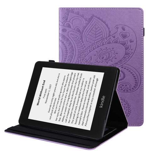 

For Amazon Kindle Paperwhite 4/3/2/1 Peacock Tail Embossing Pattern Horizontal Flip Leather Case with Holder & Card Slots & Wallet & Anti Skid Strip(Purple)