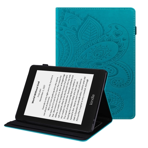 

For Amazon Kindle Paperwhite 4/3/2/1 Peacock Tail Embossing Pattern Horizontal Flip Leather Case with Holder & Card Slots & Wallet & Anti Skid Strip(Blue)