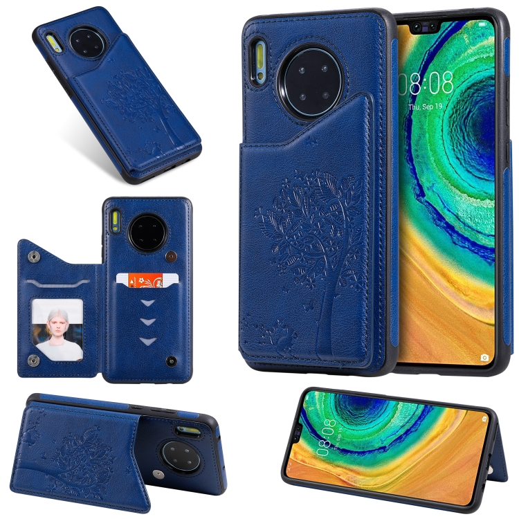 

For Huawei Mate 30 Cat Tree Embossing Pattern Shockproof Protective Case with Card Slots & Photo Frame(Blue)