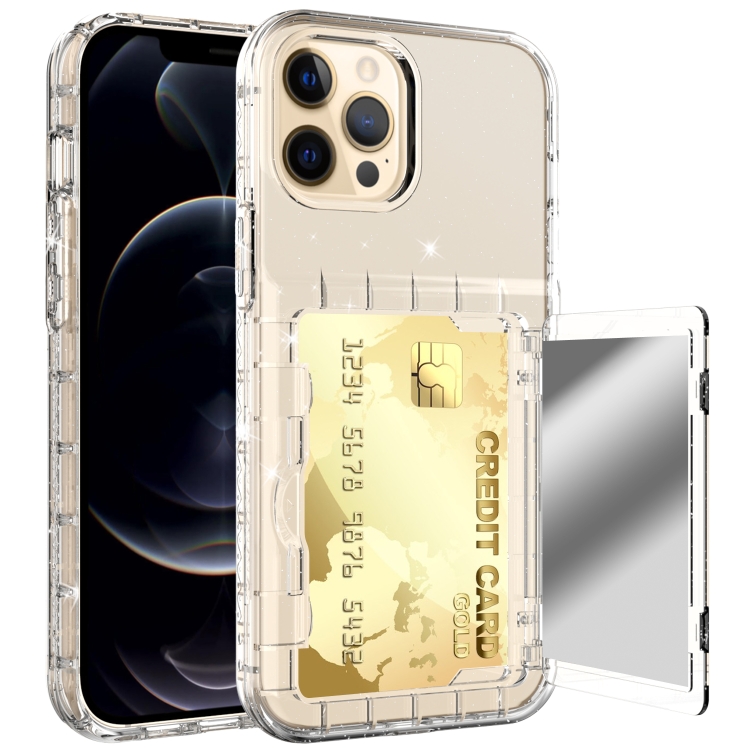 

Shockproof PC + TPU Protective Case with Card Slots & Mirror For iPhone 12 / 12 Pro(Transparent with Glitter)