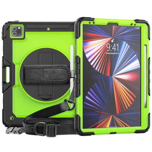 

Shockproof Colorful Silicone + PC Protective Tablet Case with Holder & Shoulder Strap & Hand Strap & Pen Slot For iPad Pro 12.9 2021 / 2020 / 2018(Lime PC+Black)