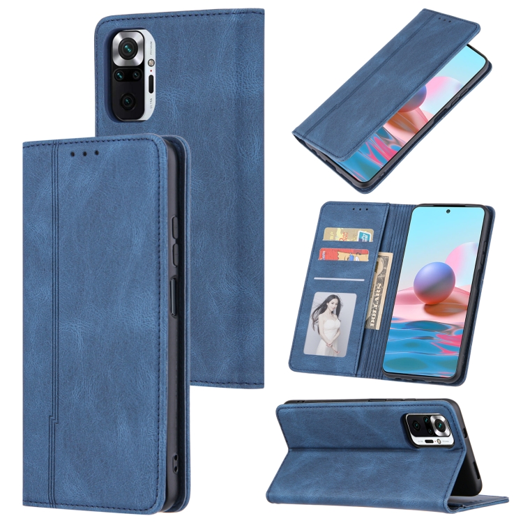 

For Xiaomi Redmi Note 10 4G Skin Feel Pressure Line Magnetic Horizontal Flip Leather Case with Holder & Card Slot & Wallet & Photo Frame(Blue)
