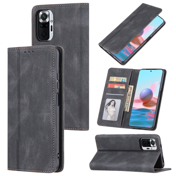 

For Xiaomi Redmi Note 10 5G Skin Feel Pressure Line Magnetic Horizontal Flip Leather Case with Holder & Card Slot & Wallet & Photo Frame(Black)