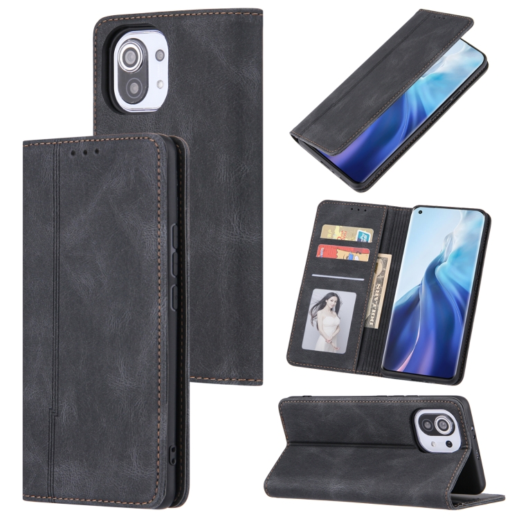 

For Xiaomi Mi 11 Lite Skin Feel Pressure Line Magnetic Horizontal Flip Leather Case with Holder & Card Slot & Wallet & Photo Frame(Black)