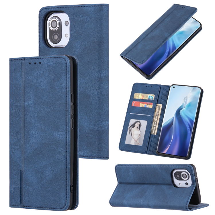

For Xiaomi Mi 11 Lite Skin Feel Pressure Line Magnetic Horizontal Flip Leather Case with Holder & Card Slot & Wallet & Photo Frame(Blue)