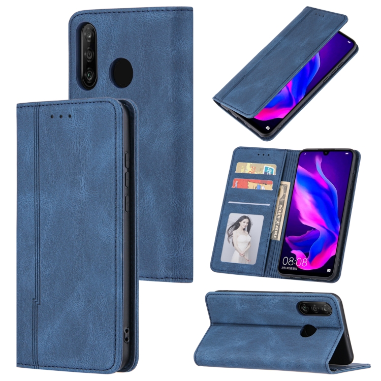 

For Huawei P30 lite Skin Feel Pressure Line Magnetic Horizontal Flip Leather Case with Holder & Card Slot & Wallet & Photo Frame(Blue)