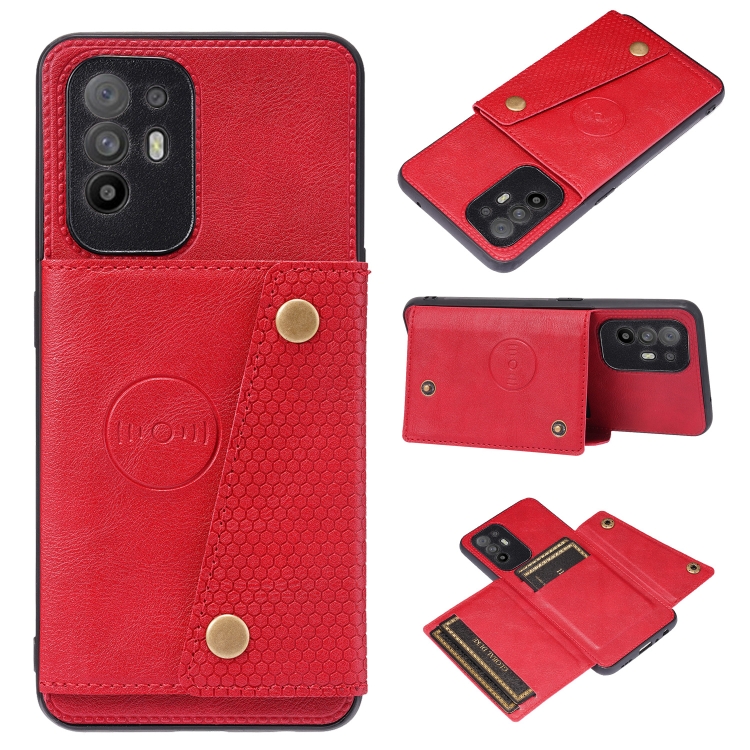 

For OPPO A95 5G Double Buckle PU + TPU Shockproof Magnetic Protective Case with Card Slot & Holder(Red)