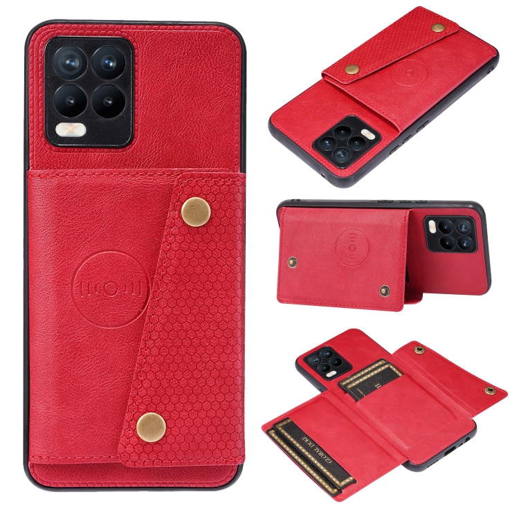 

For OPPO Realme 8 / 8 Pro Double Buckle PU + TPU Shockproof Magnetic Protective Case with Card Slot & Holder(Red)