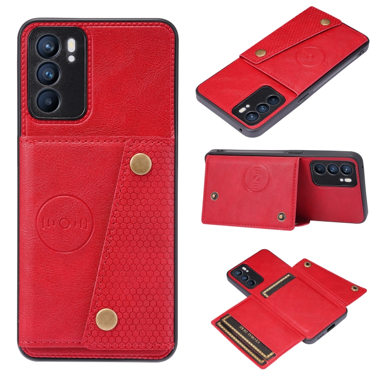 

For OPPO Reno6 Double Buckle PU + TPU Shockproof Magnetic Protective Case with Card Slot & Holder(Red)