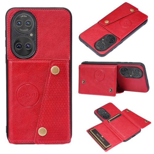 

For Huawei P50 Double Buckle PU + TPU Shockproof Magnetic Protective Case with Card Slot & Holder(Red)