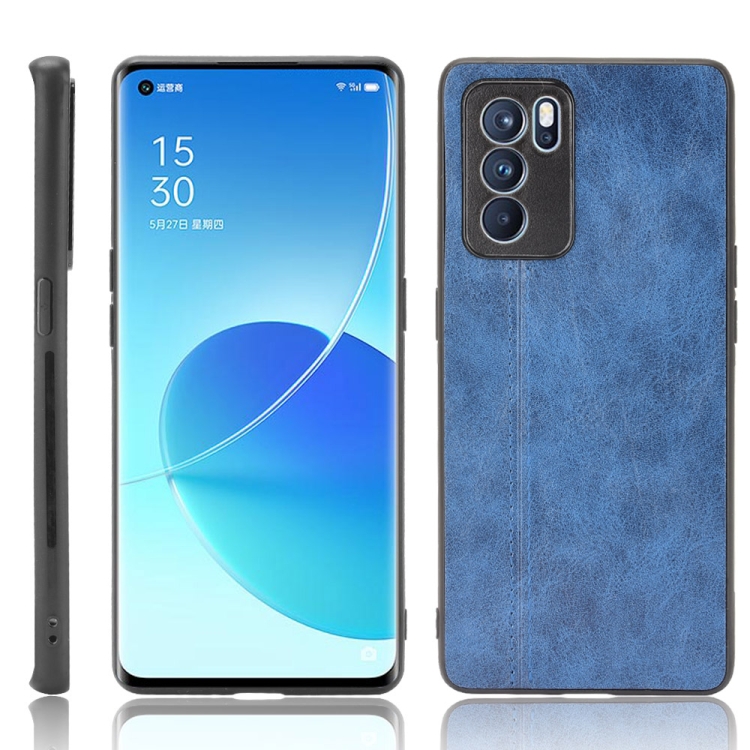

For OPPO Reno6 Pro Shockproof Sewing Cow Pattern Skin PC + PU + TPU Case(Blue)