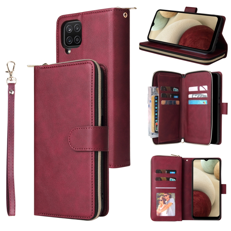 

For Samsung Galaxy A12 5G Zipper Wallet Bag Horizontal Flip PU Leather Case with Holder & 9 Card Slots & Wallet & Lanyard & Photo Frame(Red Wine)