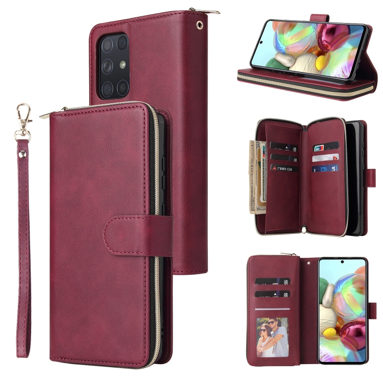 

For Samsung Galaxy A72 5G Zipper Wallet Bag Horizontal Flip PU Leather Case with Holder & 9 Card Slots & Wallet & Lanyard & Photo Frame(Red Wine)
