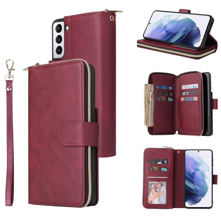 

For Samsung Galaxy S21 Zipper Wallet Bag Horizontal Flip PU Leather Case with Holder & 9 Card Slots & Wallet & Lanyard & Photo Frame(Red Wine)