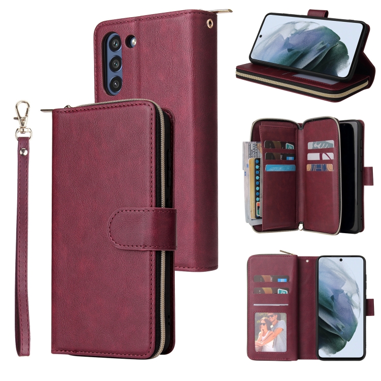 

For Samsung Galaxy S21 FE Zipper Wallet Bag Horizontal Flip PU Leather Case with Holder & 9 Card Slots & Wallet & Lanyard & Photo Frame(Red Wine)