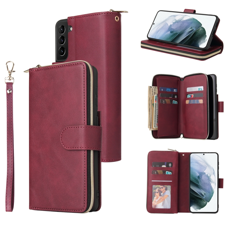 

For Samsung Galaxy S21+ Zipper Wallet Bag Horizontal Flip PU Leather Case with Holder & 9 Card Slots & Wallet & Lanyard & Photo Frame(Red Wine)