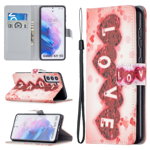 

For Samsung Galaxy S21 5G Colored Drawing Pattern Horizontal Flip PU Leather Case with Holder & Card Slots & Wallet & Lanyard(LOVE)