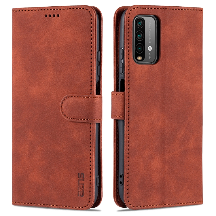 

For Xiaomi Redmi Note 9 4G AZNS Skin Feel Calf Texture Horizontal Flip Leather Case with Card Slots & Holder & Wallet(Brown)
