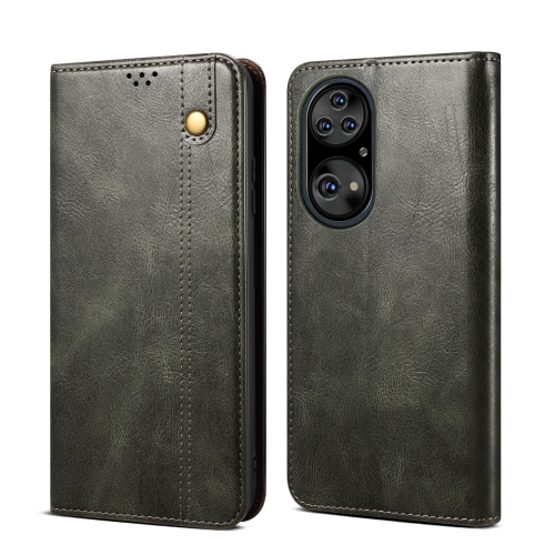 

For Huawei P50 Pro Simple Wax Crazy Horse Texture Horizontal Flip Leather Case with Card Slots & Holder(Dark Green)