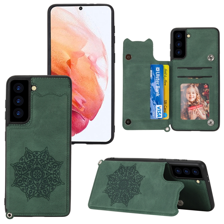

For Samsung Galaxy S21 FE Mandala Embossed PU + TPU Case with Holder & Card Slots & Photo Frame & Strap(Green)