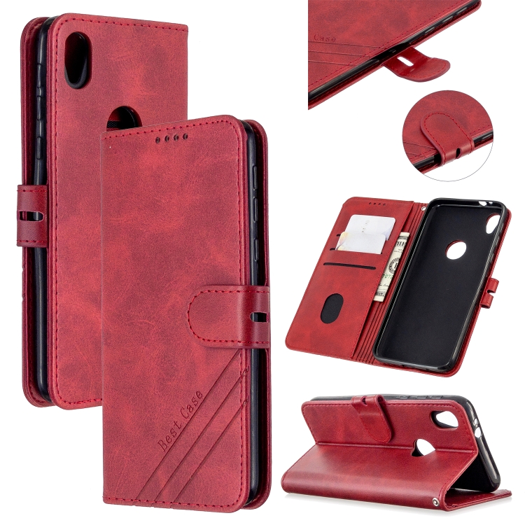 

For Motorola Moto E6 Stitching Style 2-Color Cow Texture Horizontal Flip PU Leather Case with Holder & Card Slot & Lanyard(Red)
