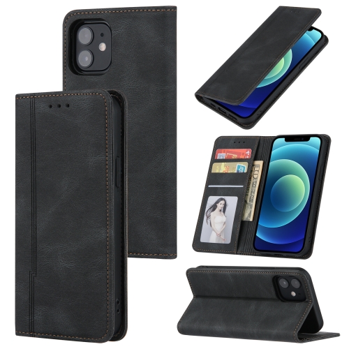 

Skin Feel Pressure Line Magnetic Horizontal Flip Leather Case with Holder & Card Slot & Wallet & Photo Frame For iPhone 12 Mini(Black)