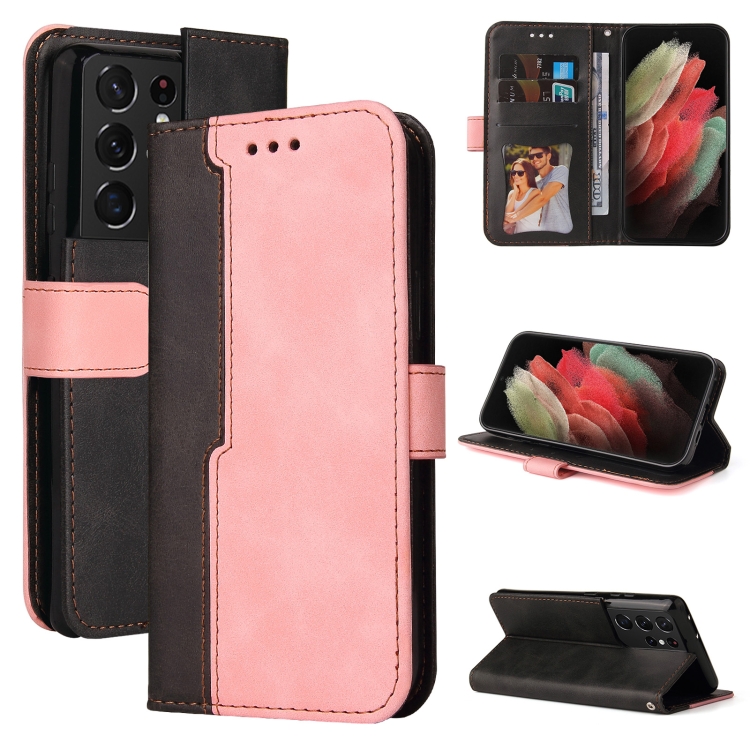 

For Samsung Galaxy S21 Ultra 5G Business Stitching-Color Horizontal Flip PU Leather Case with Holder & Card Slots & Photo Frame(Pink)