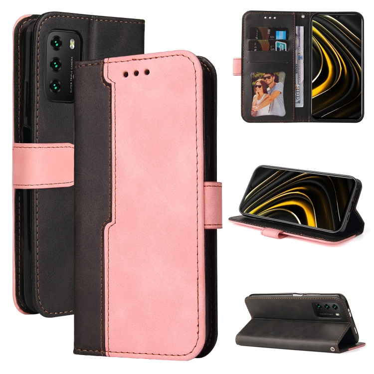 

For Xiaomi Redmi 9T/9 Power/Note 9 4G/Poco M3 Business Stitching-Color Horizontal Flip PU Leather Case with Holder & Card Slots & Photo Frame(Pink)