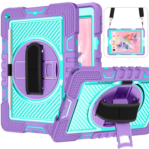 

360 Degree Rotation Contrast Color Shockproof Silicone + PC Case with Holder & Hand Grip Strap & Shoulder Strap For iPad 10.2 2020 / 2019 (Purple + Mint Green)