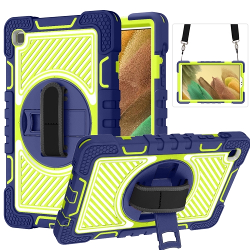 

For Samsung Galaxy Tab A7 Lite T220 / T225 360 Degree Rotation Contrast Color Shockproof Silicone + PC Case with Holder & Hand Grip Strap & Shoulder Strap(Navy+Yellow Green)