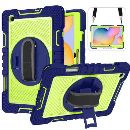 

For Samsung Galaxy Tab S6 Lite P610/P615 360 Degree Rotation Contrast Color Shockproof Silicone + PC Case with Holder & Hand Grip Strap & Shoulder Strap(Navy+Yellow Green)
