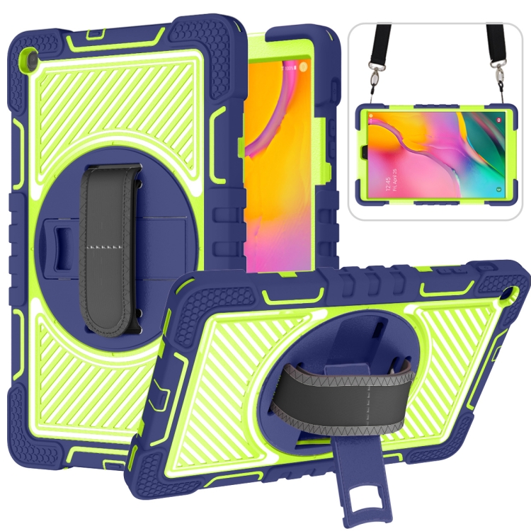 

For Samsung Galaxy Tab A 10.1 2019 T515 360 Degree Rotation Contrast Color Shockproof Silicone + PC Case with Holder & Hand Grip Strap & Shoulder Strap(Navy+Yellow Green)