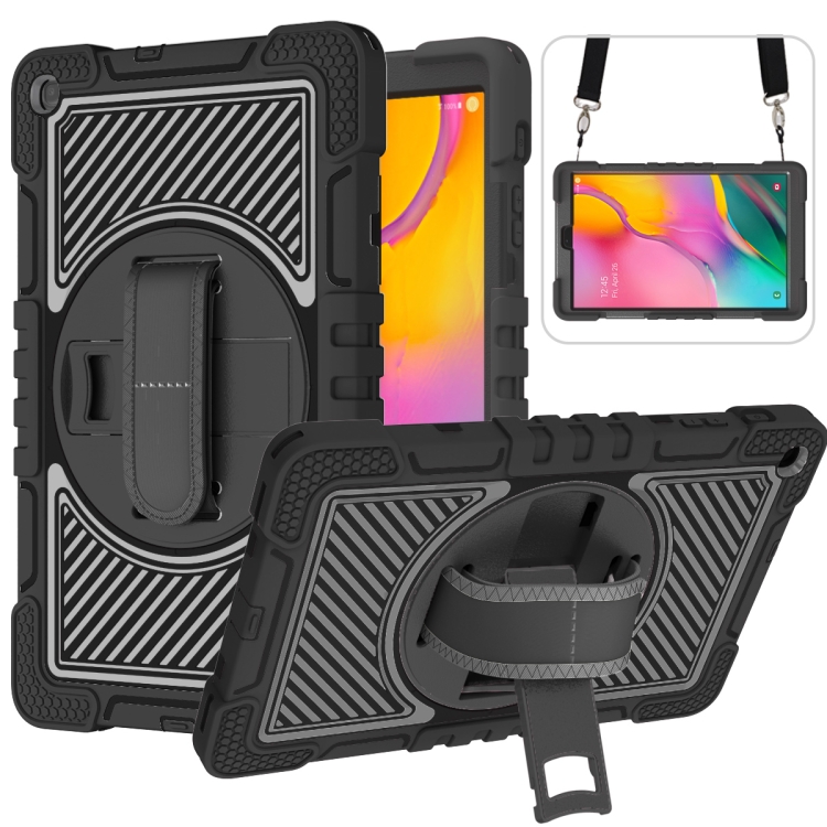 

For Samsung Galaxy Tab A 10.1 2019 T515 360 Degree Rotation Contrast Color Shockproof Silicone + PC Case with Holder & Hand Grip Strap & Shoulder Strap(Black)