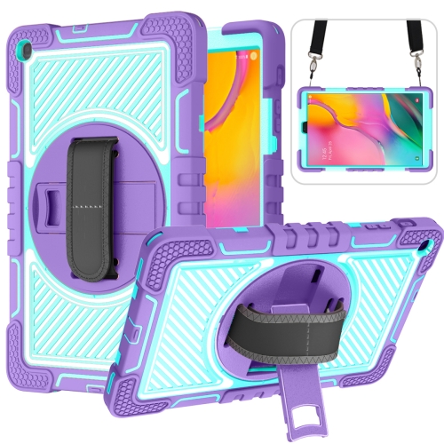 

For Samsung Galaxy Tab A 10.1 2019 T515 360 Degree Rotation Contrast Color Shockproof Silicone + PC Case with Holder & Hand Grip Strap & Shoulder Strap(Purple + Mint Green)