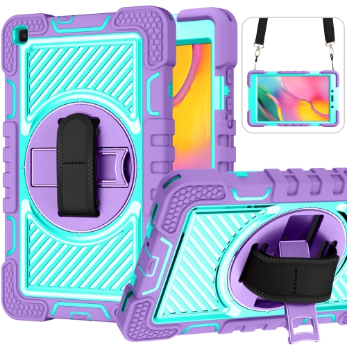 

For Samsung Galaxy Tab A 8.0 2019 T290 360 Degree Rotation Contrast Color Shockproof Silicone + PC Case with Holder & Hand Grip Strap & Shoulder Strap(Purple + Mint Green)