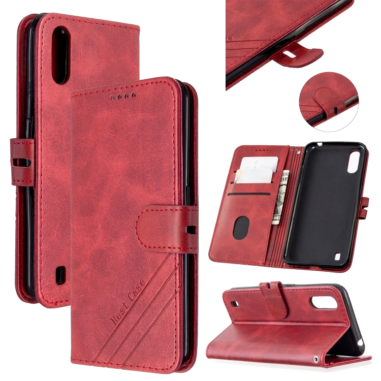 

For Samsung Galaxy A01 Stitching Style 2-Color Cow Texture Horizontal Flip PU Leather Case with Holder & Card Slot & Lanyard(Red)