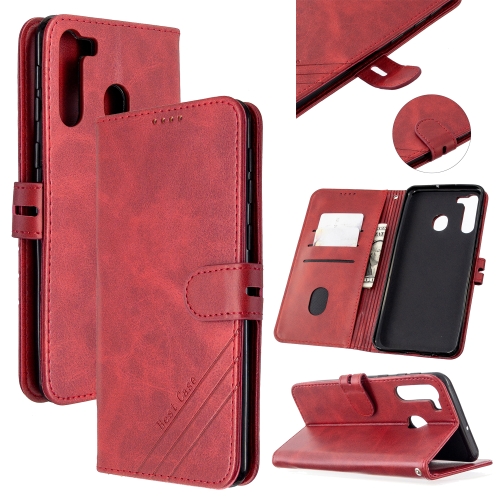 

For Samsung Galaxy A21 Stitching Style 2-Color Cow Texture Horizontal Flip PU Leather Case with Holder & Card Slot & Lanyard(Red)