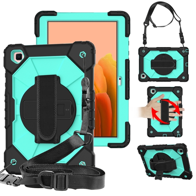 

For Samsung Galaxy Tab A7 T500 / T505 Contrast Color Robot Shockproof Silicon + PC Protective Case with Holder & Shoulder Strap(Black+Aqua)