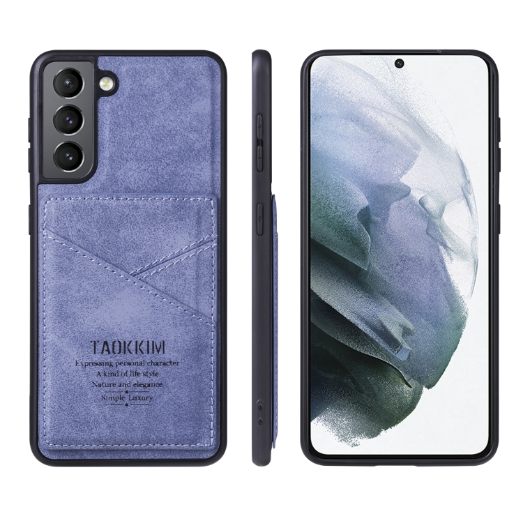 

For Samsung Galaxy S21 FE TAOKKIM Retro Matte PU Leather + PC + TPU Shockproof Back Cover Case with Holder & Card Slot(Blue)