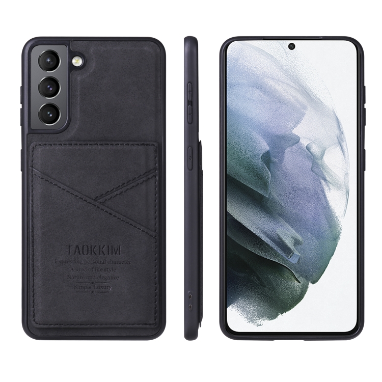 

For Samsung Galaxy S21 FE TAOKKIM Retro Matte PU Leather + PC + TPU Shockproof Back Cover Case with Holder & Card Slot(Black)