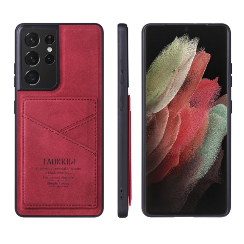 

For Samsung Galaxy S21 Ultra 5G TAOKKIM Retro Matte PU Leather + PC + TPU Shockproof Back Cover Case with Holder & Card Slot(Red)