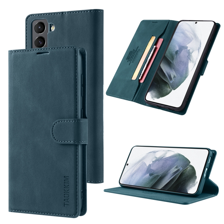 

For Samsung Galaxy S21 FE 5G TAOKKIM Skin Feel Calf Texture Horizontal Flip PU Leather Case with Holder & Card Slots & Photo Frame & Wallet(Blue)