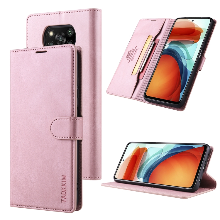 

For Xiaomi Poco X3 NFC TAOKKIM Skin Feel Calf Texture Horizontal Flip PU Leather Case with Holder & Card Slots & Photo Frame & Wallet(Pink)