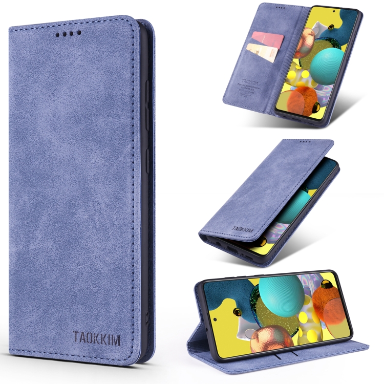 

For Samsung Galaxy A51 TAOKKIM Retro Matte PU Horizontal Flip Leather Case with Holder & Card Slots(Blue)