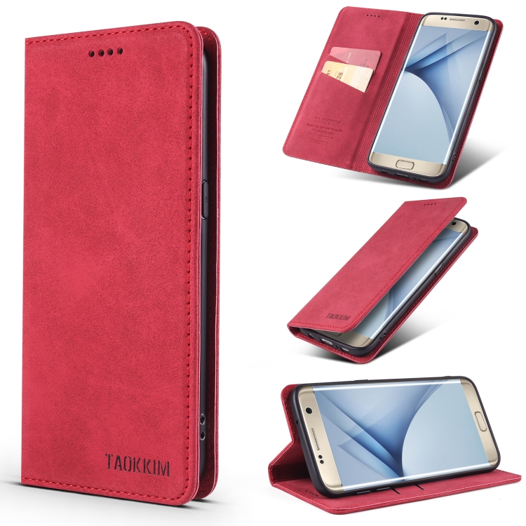 

For Samsung Galaxy S7 TAOKKIM Retro Matte PU Horizontal Flip Leather Case with Holder & Card Slots(Red)