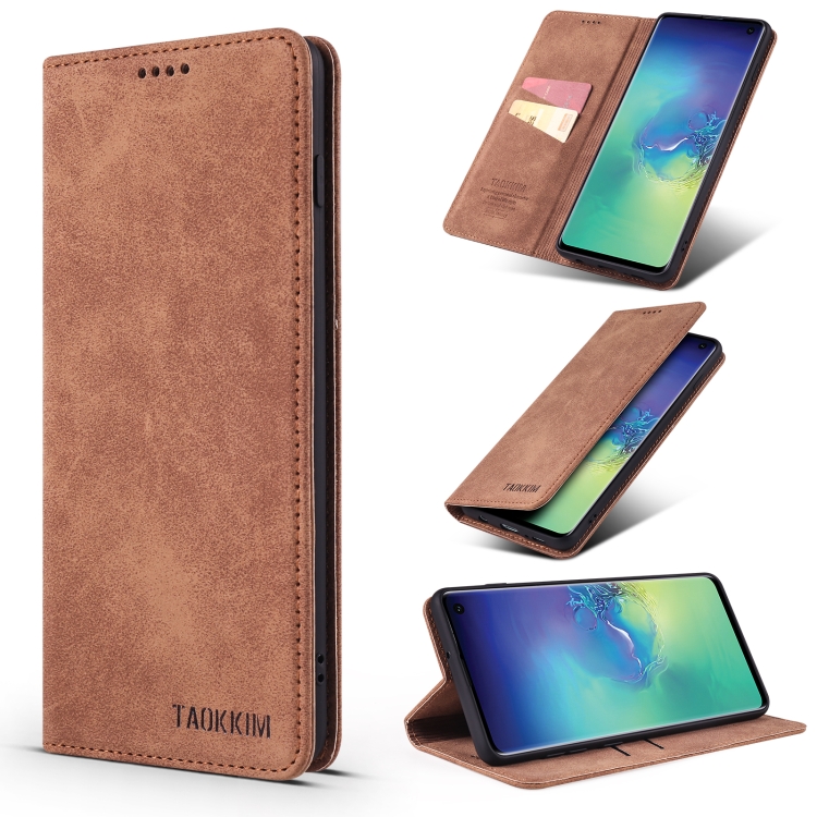

For Samsung Galaxy S10+ TAOKKIM Retro Matte PU Horizontal Flip Leather Case with Holder & Card Slots(Brown)