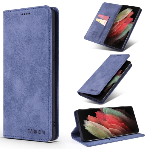 

For Samsung Galaxy S21 Ultra 5G 5G TAOKKIM Retro Matte PU Horizontal Flip Leather Case with Holder & Card Slots(Blue)