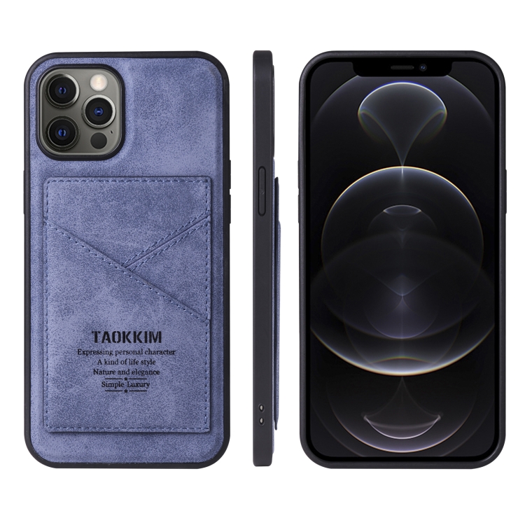 

TAOKKIM Retro Matte PU Leather + PC + TPU Shockproof Back Cover Case with Holder & Card Slot For iPhone 12 / 12 Pro(Blue)