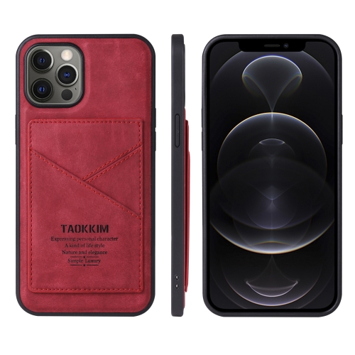 

TAOKKIM Retro Matte PU Leather + PC + TPU Shockproof Back Cover Case with Holder & Card Slot For iPhone 12 / 12 Pro(Red)